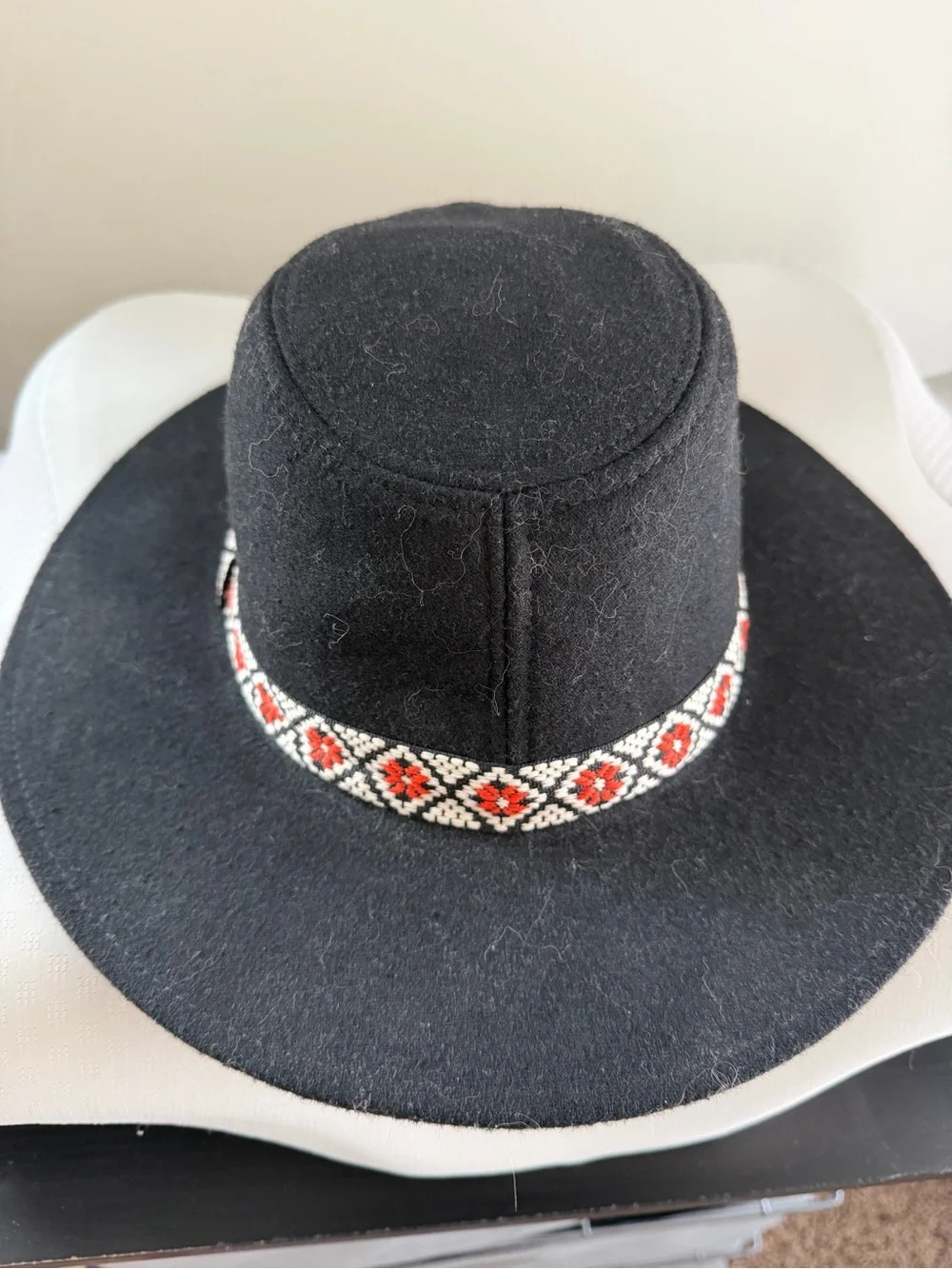 Black Wool Fedora with Orange-Red & White Beaded Band